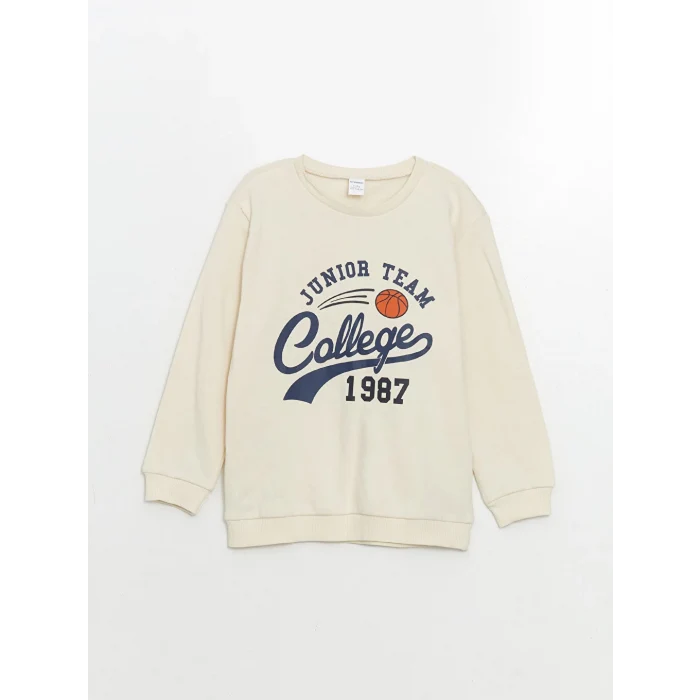 LCW Kids Bej Bisiklet Yaka Baskılı Erkek Bebek Sweatshirt ve Eşofman Alt 2li Takım