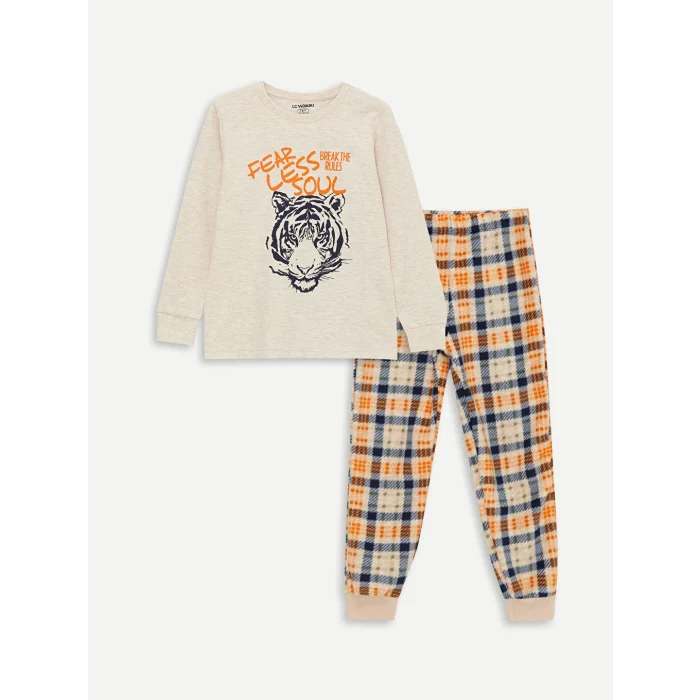LCW Kids Bej Bisiklet Yaka Baskılı Uzun Kollu Erkek Çocuk Pijama Takımı