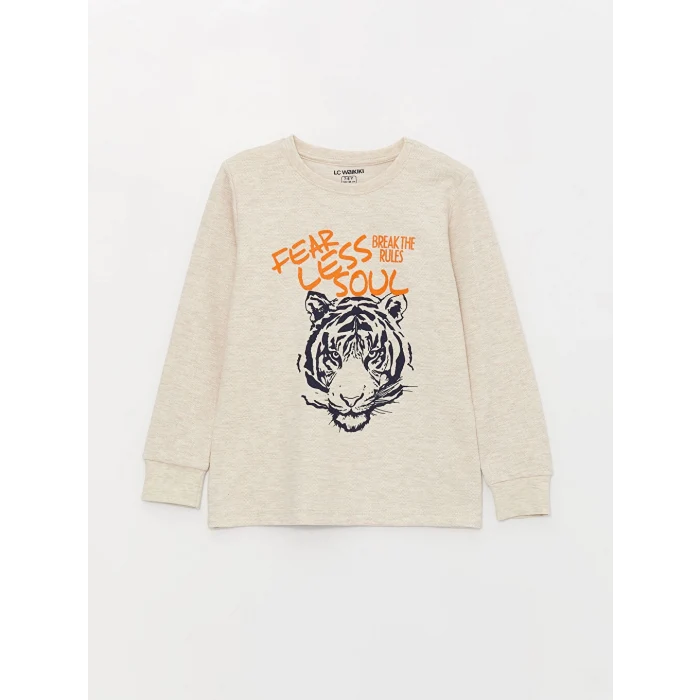 LCW Kids Bej Bisiklet Yaka Baskılı Uzun Kollu Erkek Çocuk Pijama Takımı