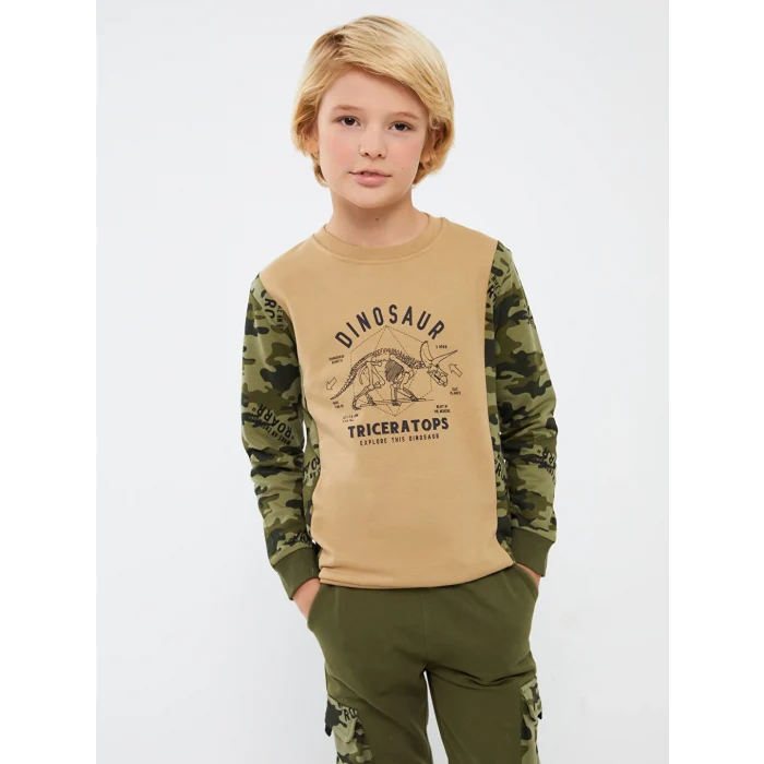 LCW Kids Bej Bisiklet Yaka Baskılı Uzun Kollu Erkek Çocuk Sweatshirt