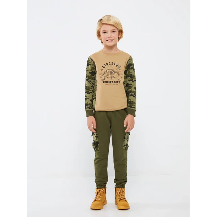 LCW Kids Bej Bisiklet Yaka Baskılı Uzun Kollu Erkek Çocuk Sweatshirt