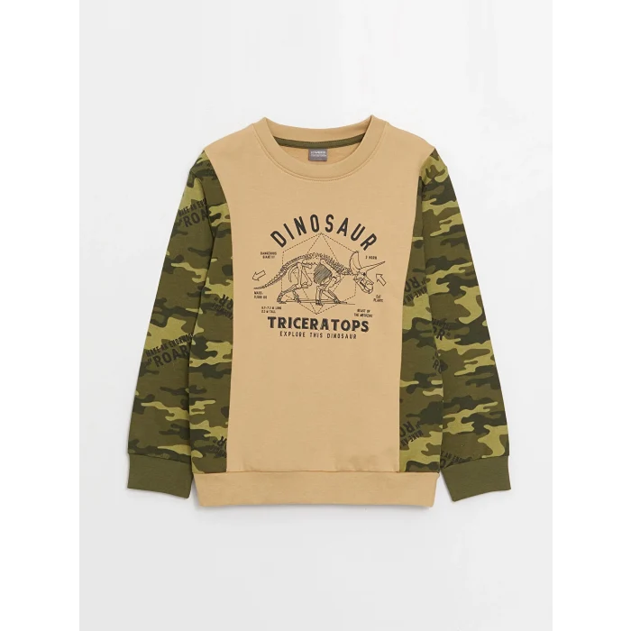 LCW Kids Bej Bisiklet Yaka Baskılı Uzun Kollu Erkek Çocuk Sweatshirt