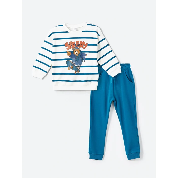 LCW Kids Bej Bisiklet Yaka Çizgili Erkek Çocuk Sweatshirt ve Eşofman Alt 2li