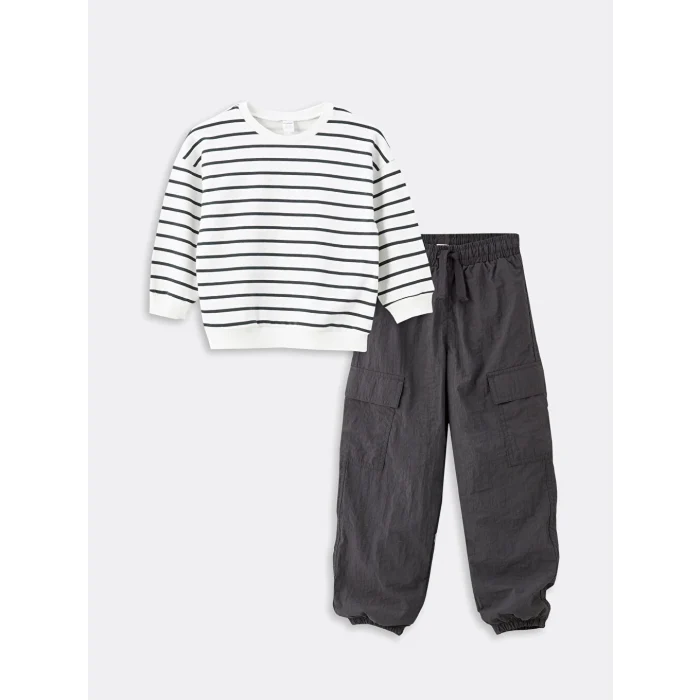 LCW Kids Bej Bisiklet Yaka Çizgili Erkek Çocuk Sweatshirt ve Pantolon 2li