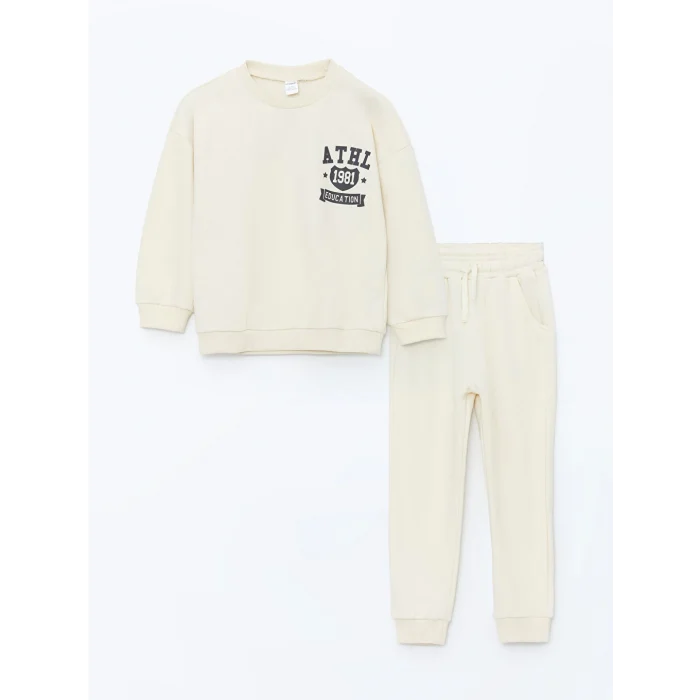 LCW Kids Bej Bisiklet Yaka Erkek Çocuk Sweatshirt ve Eşofman Alt 2li