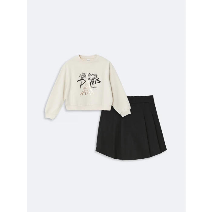 LCW Kids Bej Bisiklet Yaka Kız Çocuk Tişört ve Şort Etek