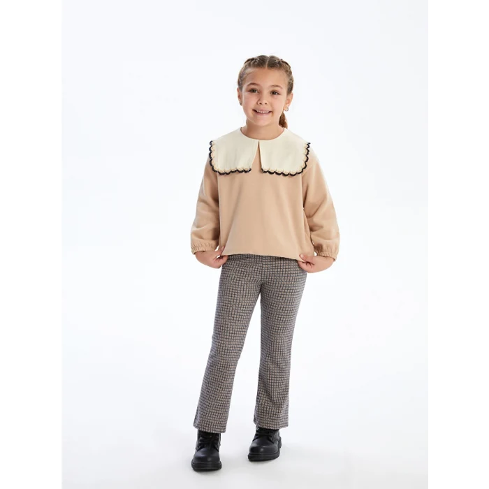 LCW Kids Bej Bisiklet Yaka Uzun Kollu Baskılı Kız Çocuk Sweatshirt ve Tayt 2li Takım