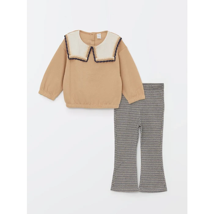LCW Kids Bej Bisiklet Yaka Uzun Kollu Baskılı Kız Çocuk Sweatshirt ve Tayt 2li Takım