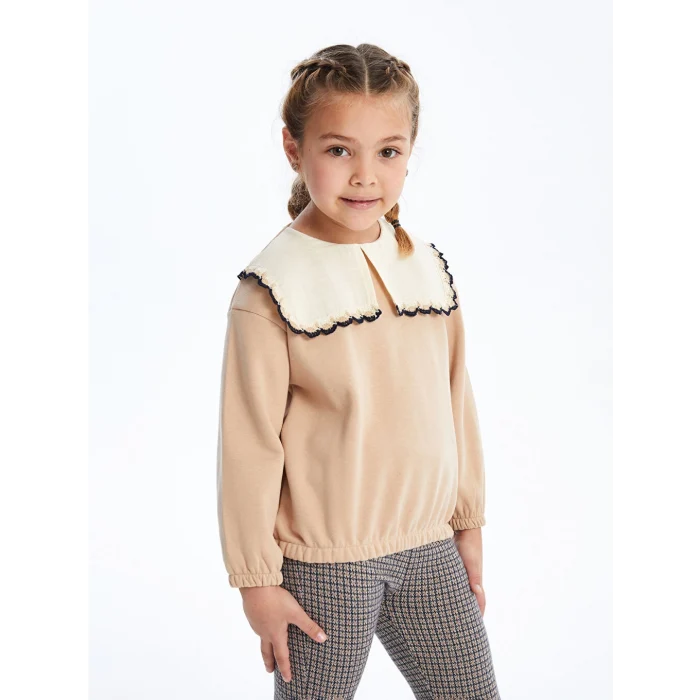 LCW Kids Bej Bisiklet Yaka Uzun Kollu Baskılı Kız Çocuk Sweatshirt ve Tayt 2li Takım