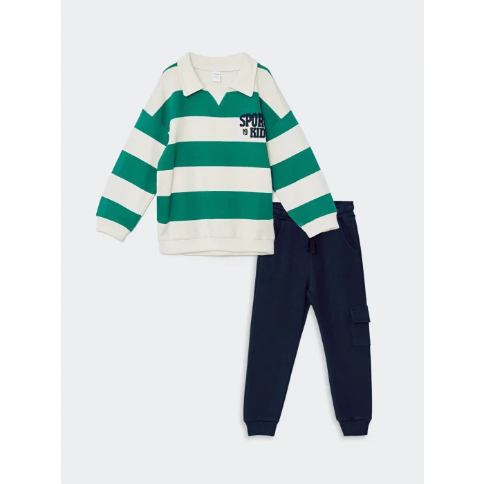 LCW Kids Bej Çizgili Erkek Çocuk Sweatshirt ve Pantolon 2li