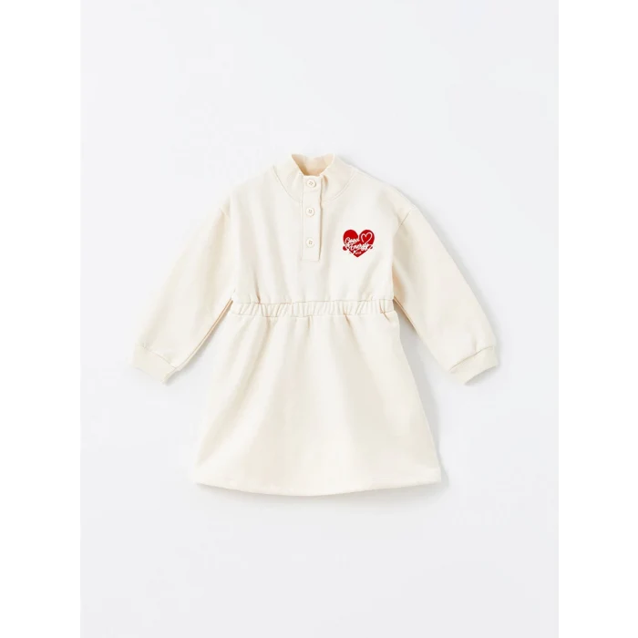 LCW Kids Bej Dik Yaka Uzun Kollu Kız Bebek Elbise