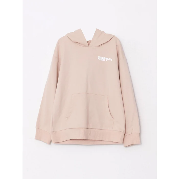 LCW Kids Bej Kapüşonlu Baskılı Uzun Kollu Kız Çocuk Sweatshirt