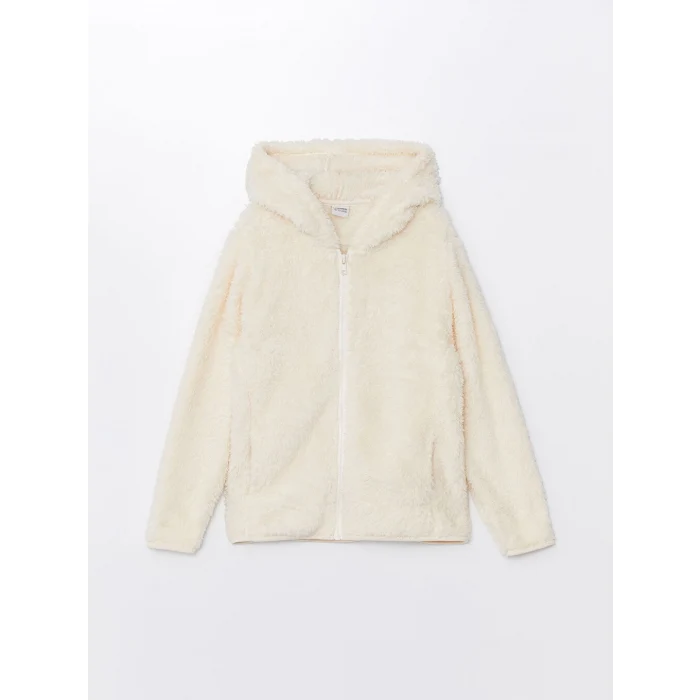 LCW Kids Bej Kapüşonlu Pelüş Kız Çocuk Fermuarlı Sweatshirt