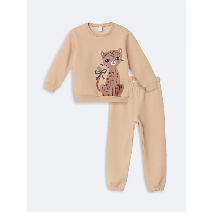 LCW Kids Bej Kedi Baskılı Kız Bebek Sweatshirt ve Eşofman Alt 2li