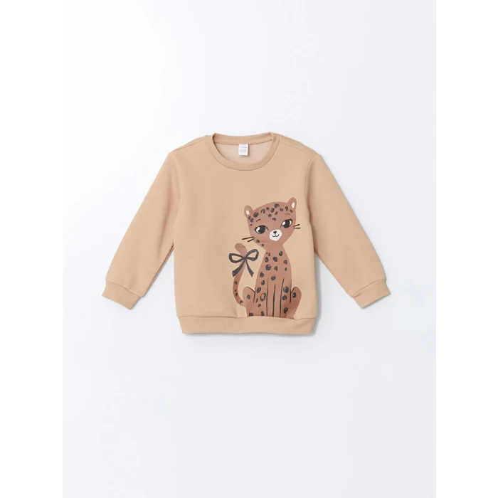 LCW Kids Bej Kedi Baskılı Kız Bebek Sweatshirt ve Eşofman Alt 2li