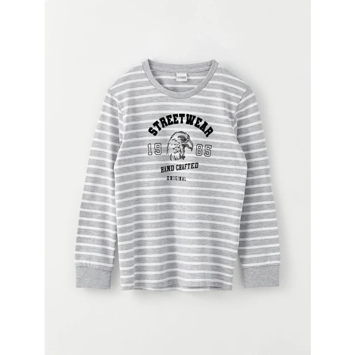 LCW Kids Beyaz Bisiklet Yaka Baskılı Uzun Kollu Erkek Çocuk Tişört