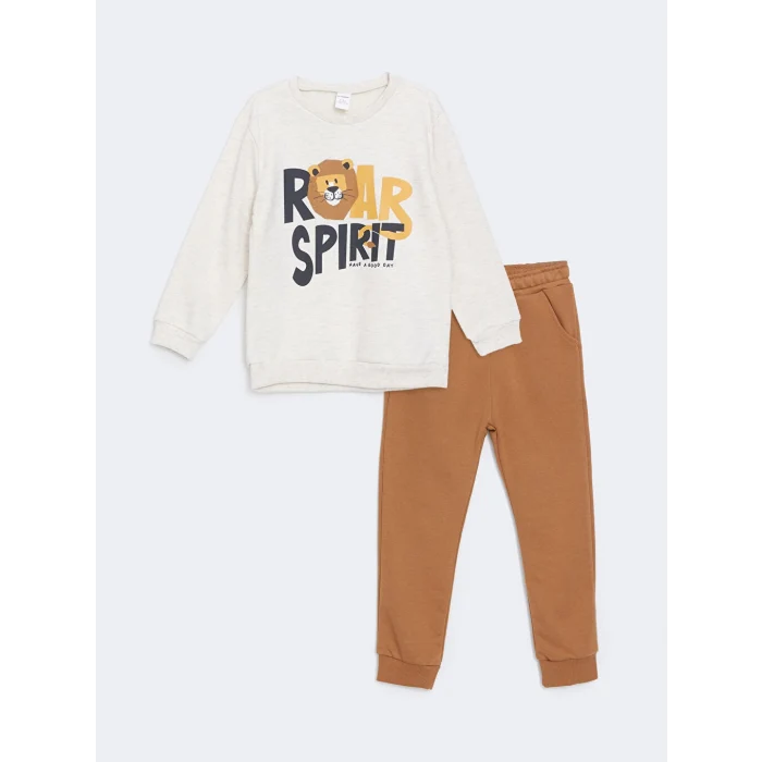 LCW Kids Beyaz Bisiklet Yaka Erkek Çocuk Sweatshirt ve Eşofman Alt 2li