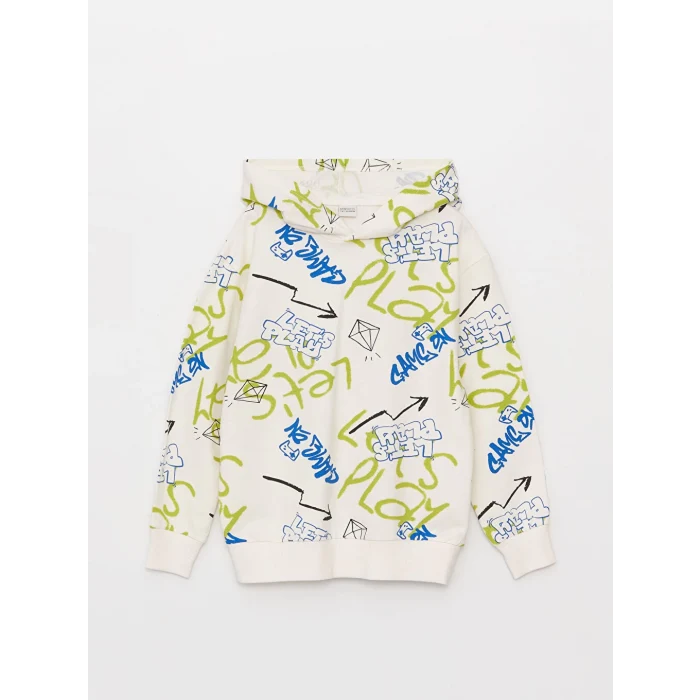 LCW Kids Ekru Baskılı Uzun Kollu Erkek Çocuk Hoodie