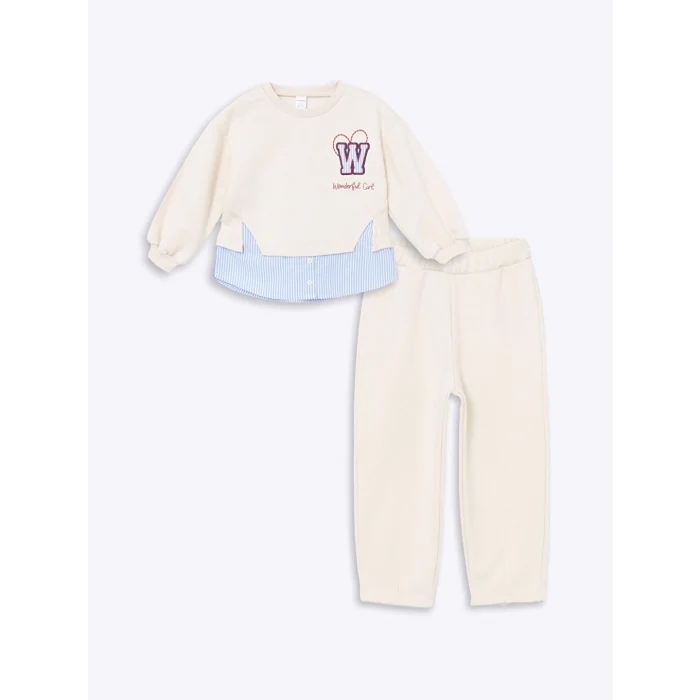 LCW Kids Ekru Bisiklet Yaka Baskılı Kız Çocuk Sweatshirt ve Eşofman Alt 2li Takım