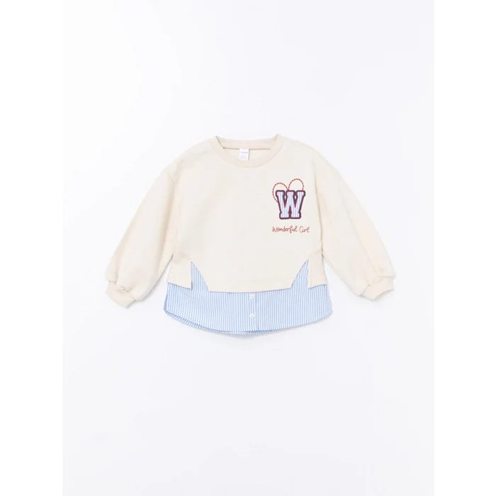 LCW Kids Ekru Bisiklet Yaka Baskılı Kız Çocuk Sweatshirt ve Eşofman Alt 2li Takım