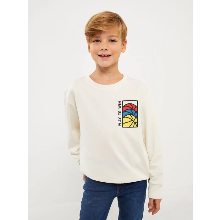 LCW Kids Ekru Bisiklet Yaka Baskılı Uzun Kollu Erkek Çocuk Sweatshirt
