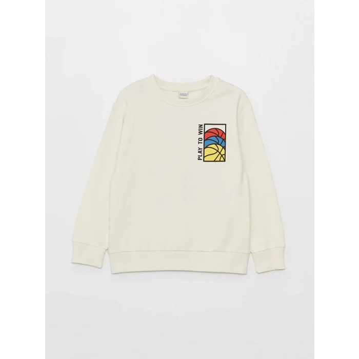 LCW Kids Ekru Bisiklet Yaka Baskılı Uzun Kollu Erkek Çocuk Sweatshirt