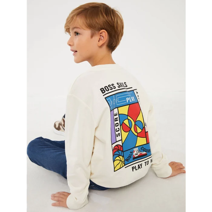 LCW Kids Ekru Bisiklet Yaka Baskılı Uzun Kollu Erkek Çocuk Sweatshirt