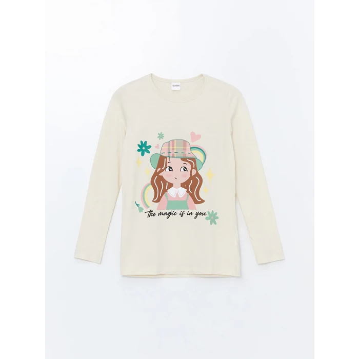 LCW Kids Ekru Bisiklet Yaka Baskılı Uzun Kollu Kız Çocuk Pijama Takımı