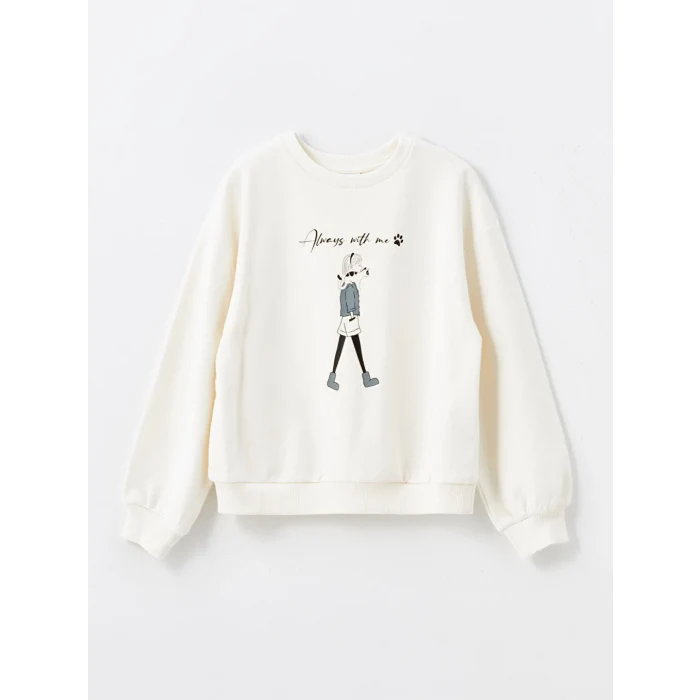 LCW Kids Ekru Bisiklet Yaka Baskılı Uzun Kollu Kız Çocuk Sweatshirt ve Tayt