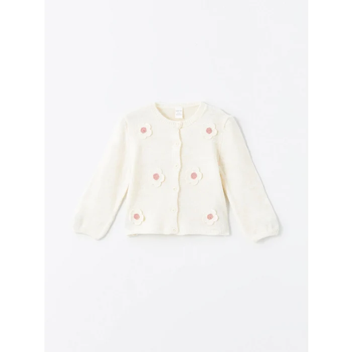 LCW Kids Ekru Bisiklet Yaka Çiçek Nakışlı Kız Çocuk Triko Hırka