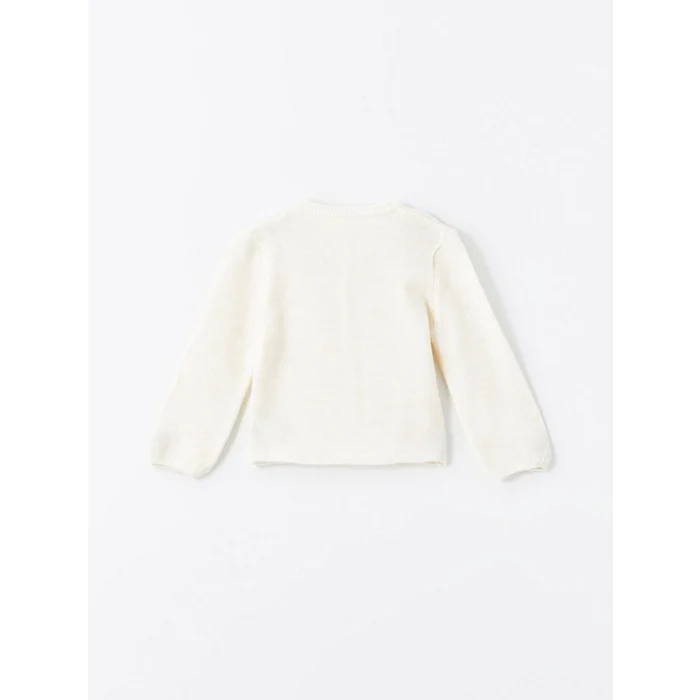 LCW Kids Ekru Bisiklet Yaka Çiçek Nakışlı Kız Çocuk Triko Hırka