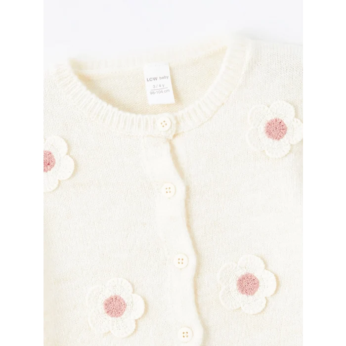 LCW Kids Ekru Bisiklet Yaka Çiçek Nakışlı Kız Çocuk Triko Hırka