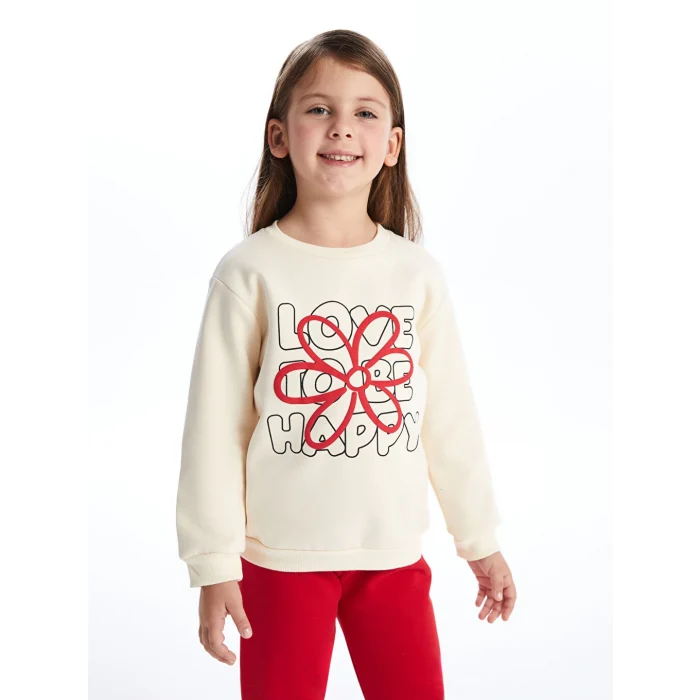LCW Kids Ekru Bisiklet Yaka Çiçekli Kız Çocuk Sweatshirt ve Pantolon 2li Takım