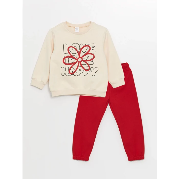 LCW Kids Ekru Bisiklet Yaka Çiçekli Kız Çocuk Sweatshirt ve Pantolon 2li Takım