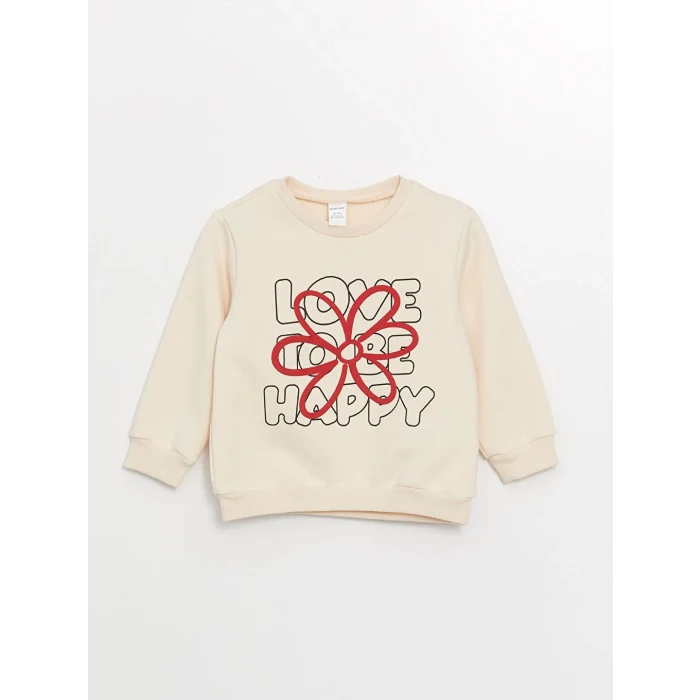 LCW Kids Ekru Bisiklet Yaka Çiçekli Kız Çocuk Sweatshirt ve Pantolon 2li Takım