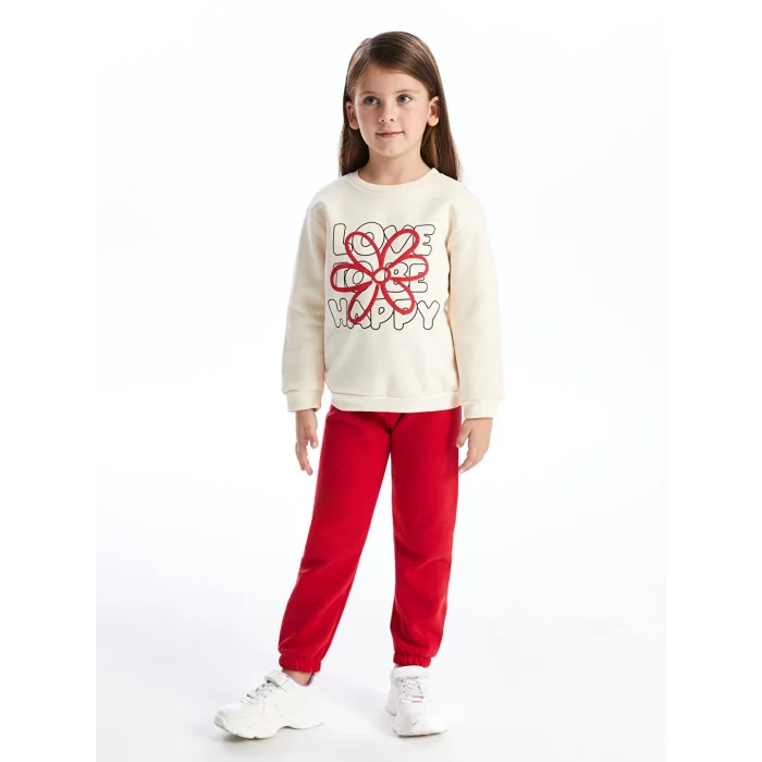 LCW Kids Ekru Bisiklet Yaka Çiçekli Kız Çocuk Sweatshirt ve Pantolon 2li Takım