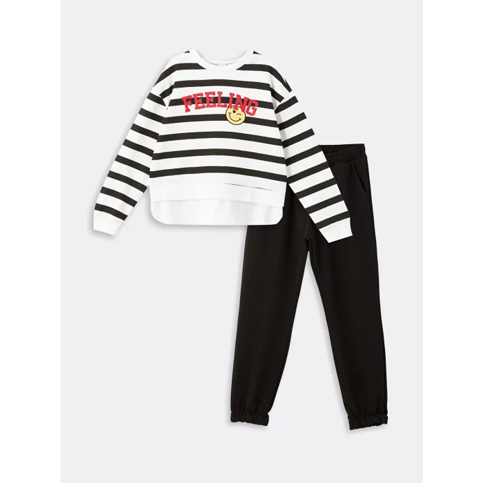 LCW Kids Ekru Bisiklet Yaka Kız Çocuk Sweatshirt ve Eşofman Altı