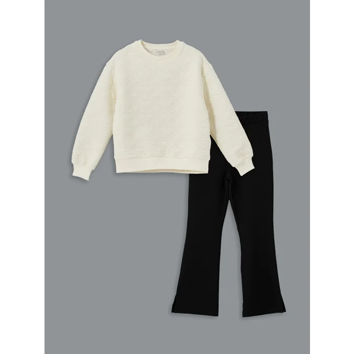 LCW Kids Ekru Bisiklet Yaka Kız Çocuk Sweatshirt ve Tayt