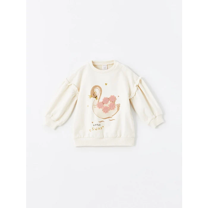 LCW Kids Ekru Bisiklet Yaka Uzun Kollu Baskılı Kız Bebek Sweatshirt ve Tayt 2li