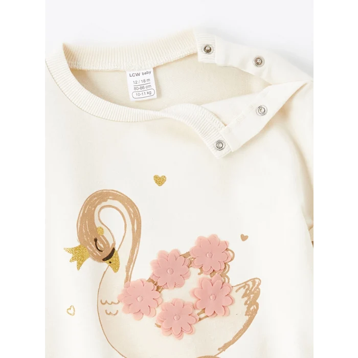 LCW Kids Ekru Bisiklet Yaka Uzun Kollu Baskılı Kız Bebek Sweatshirt ve Tayt 2li