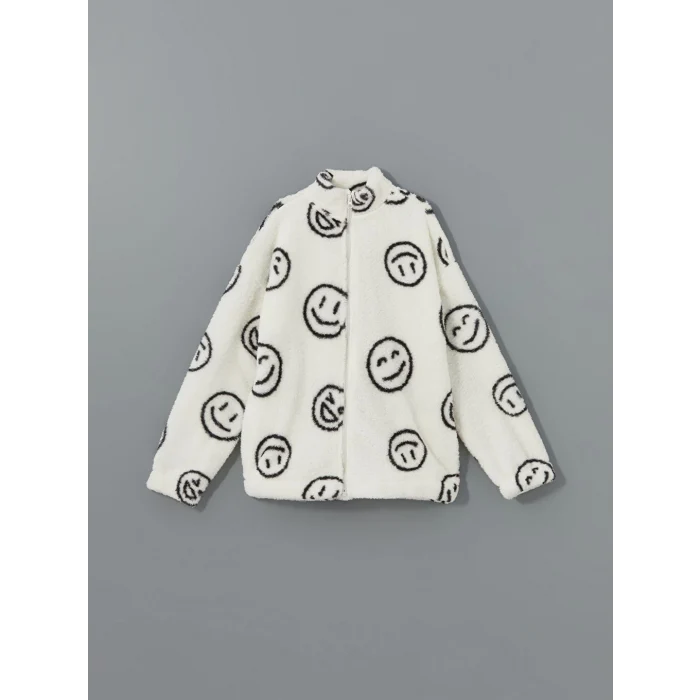 LCW Kids Ekru Dik Yaka Pelüş Kız Çocuk Fermuarlı Sweatshirt