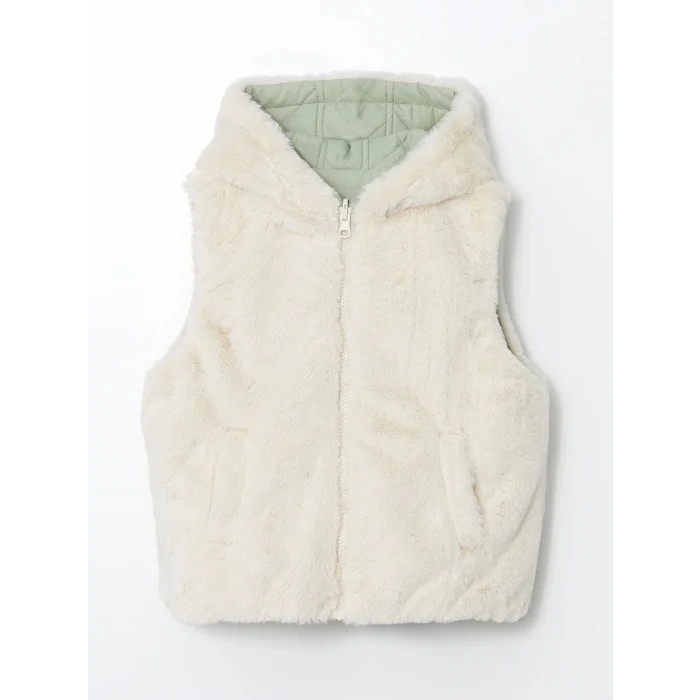 LCW Kids Ekru Kapüşonlu Pelüş Kız Çocuk Yelek