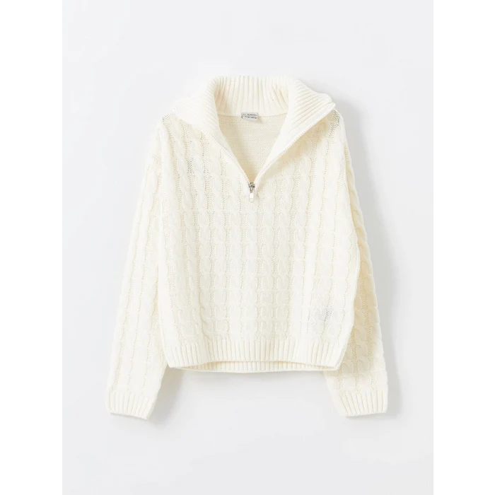 LCW Kids Ekru Polo Yaka Kız Çocuk Triko Kazak