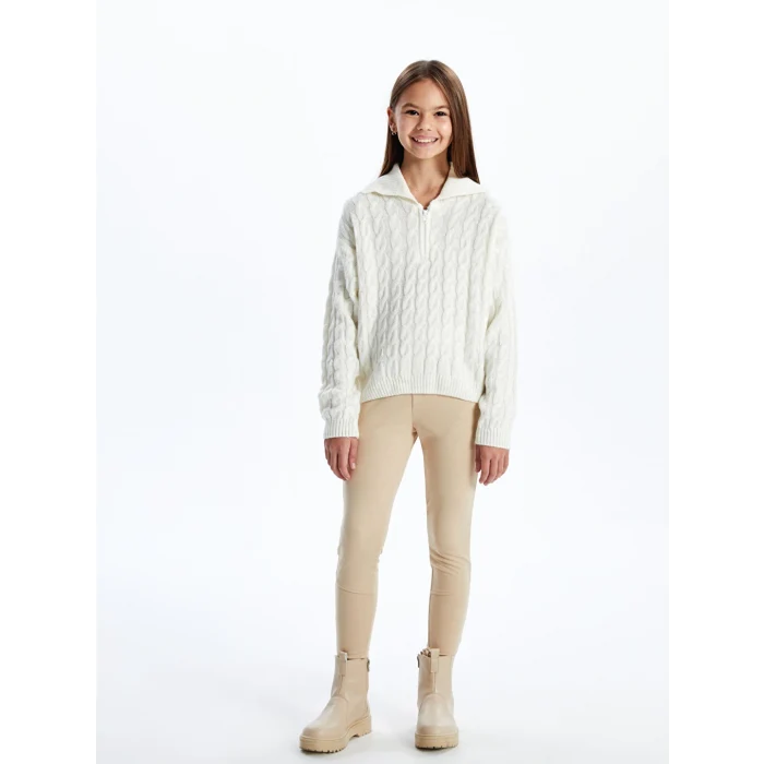 LCW Kids Ekru Polo Yaka Kız Çocuk Triko Kazak