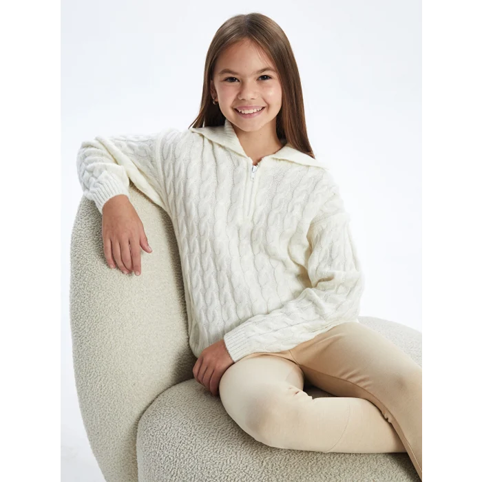 LCW Kids Ekru Polo Yaka Kız Çocuk Triko Kazak