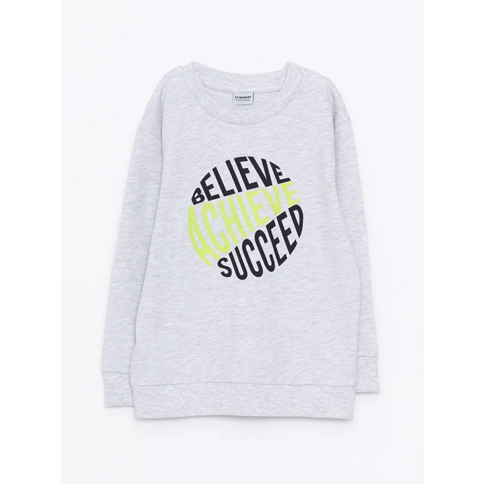 LCW Kids Gri Bisiklet Yaka Baskılı Uzun Kollu Erkek Çocuk Sweatshirt