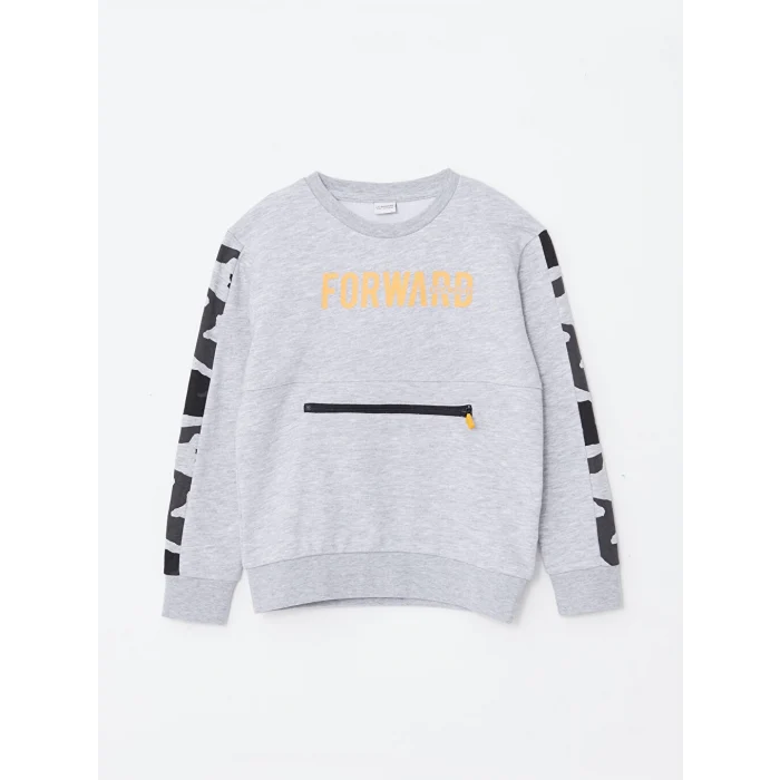 LCW Kids Gri Bisiklet Yaka Baskılı Uzun Kollu Erkek Çocuk Sweatshirt