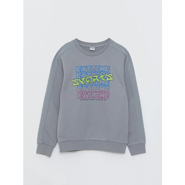LCW Kids Gri Bisiklet Yaka Baskılı Uzun Kollu Erkek Çocuk Sweatshirt