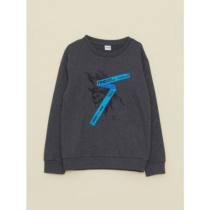 LCW Kids Gri Bisiklet Yaka Baskılı Uzun Kollu Erkek Çocuk Sweatshirt