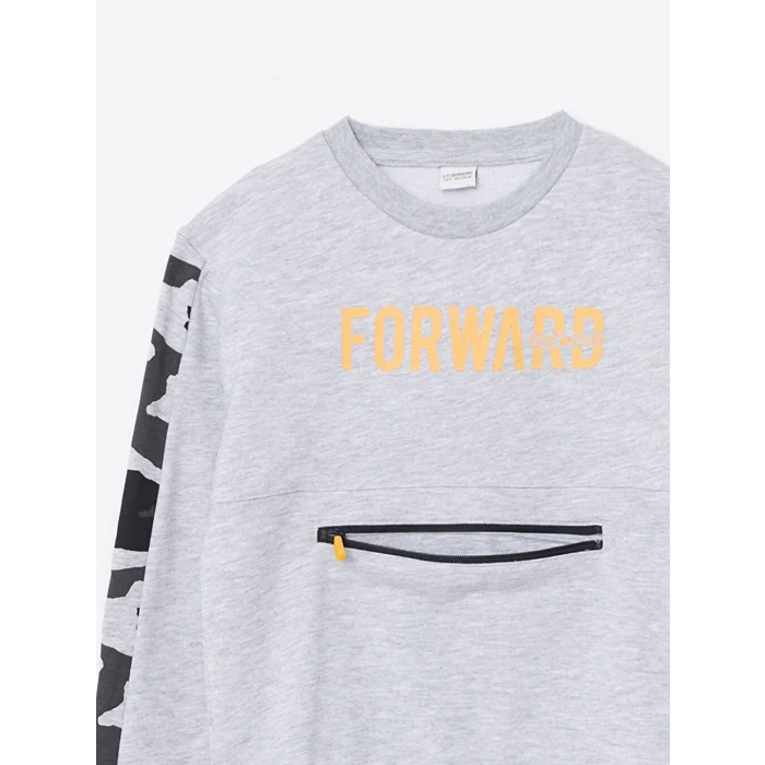 LCW Kids Gri Bisiklet Yaka Baskılı Uzun Kollu Erkek Çocuk Sweatshirt